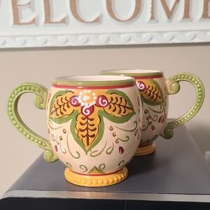 Pier 1 Imports Hand-Painted Juliana Earthenware Beverage Mug Cup Set of 2 Drink